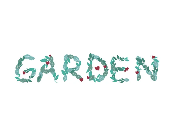 A garden text with a font of green leaves isolated on a white background for design, a vector stock illustration with the word or letters as an eco friendly concept for business — Stock Vector