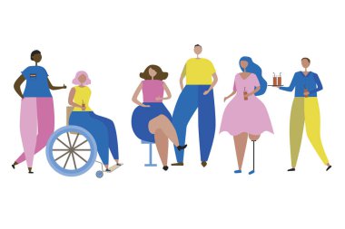 Engelli, siyah ten, Lgbt ya da beyaz arka planda izole edilmiş geniş bir beden, hipertrofik yetişkin veya genç erkek veya kadınların olduğu düz bir vektör stok çizelgesi.