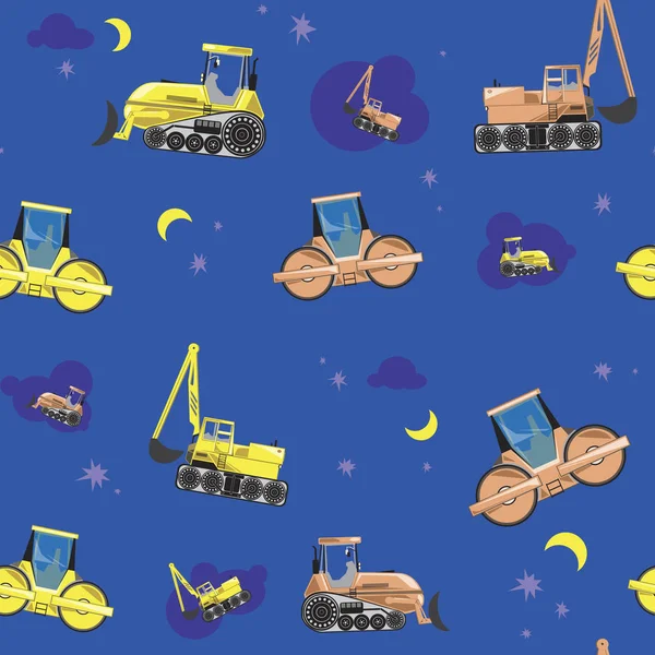 带黄色和橙色拖拉机的无缝图案，用于为男孩或儿童印刷卧室，带蓝色背景的随机牵引机、月亮和云彩的矢量图 — 图库矢量图片