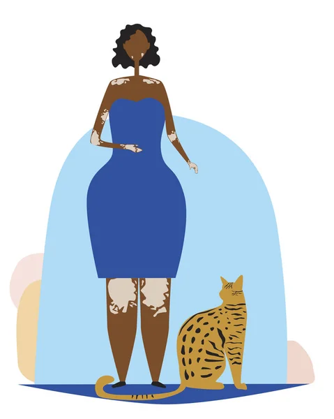 Ветилиго на афро-американской коже и молодая или взрослая женщина или мужчина с полосатой кошкой, векторная иллюстрация запасов как концепция ветилиго на черной коже — стоковый вектор
