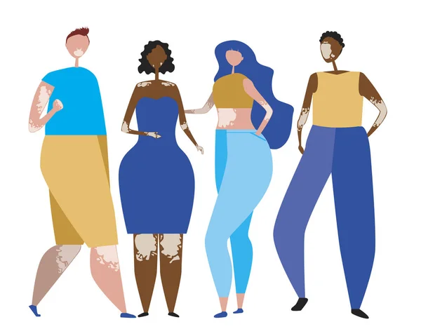 A Vetiligo and men and women with skin diseases and pigmentation problems, a vector stock illustration as a concept of a body of positive and beauty — 스톡 벡터