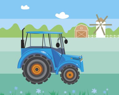 Bir traktör tarlada çalışır, bir çiftlikte, bir değirmende, arkasında bulutlar olan mavi bir gökyüzünde, bir eko çiftliği ve tarım kavramı olarak düz bir vektör stok illüstrasyonunda.