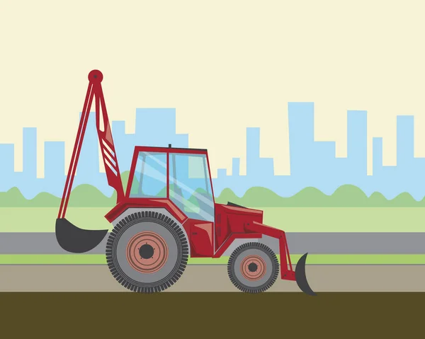 带有桶的挖掘机在城市中与土壤一起工作，一个用老式红色拖拉机和道路或景观作品说明的病媒标本 — 图库矢量图片