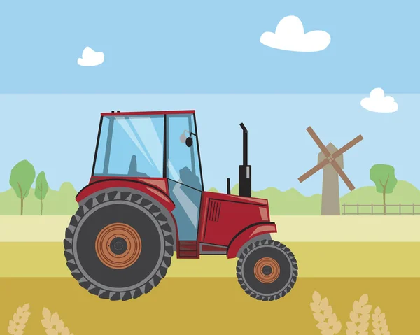 Tarlada bir kırmızı traktör, mısır gevreği ve renkli arka planı olan bir çiftlikte bir değirmen, bir eko tarım kavramı olarak düz vektör stok çizimi. — Stok Vektör