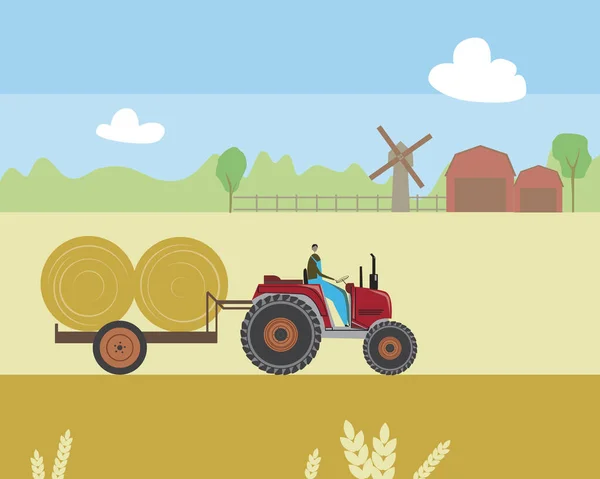 Viljelijällä on traktorin perävaunussa viljasato, tasainen vektorikannan kuva ekologisen maatilan ja maatalouden käsitteenä — vektorikuva