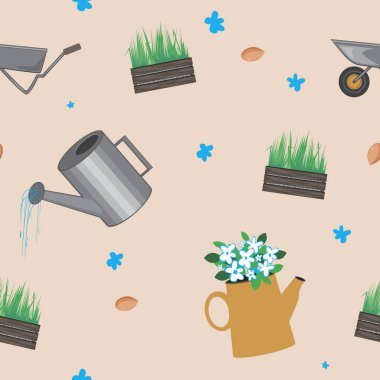 Bahçedeki bitkileri sulama konsepti olarak kusursuz bir desen ya da çaydanlık, duvar kağıdı ya da arka plan olarak düz bir vektör stok çizimi