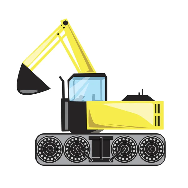 Una excavadora de pala con cubo aislado sobre un fondo blanco para el diseño, una ilustración plana de un solo vector con construcción de máquinas pesadas amarillas — Archivo Imágenes Vectoriales