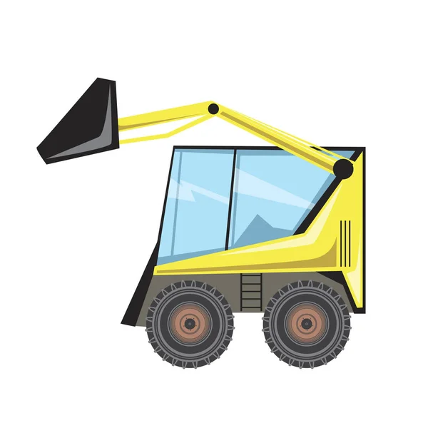 Ein kleiner Bagger mit einer Schaufel auf weißem Hintergrund für die Konstruktion, eine flache Einzelvektorstock-Illustration mit einer gelben Baumaschine — Stockvektor