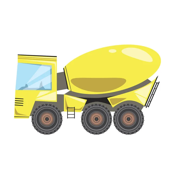 Un mezclador de hormigón aislado sobre un fondo blanco para el diseño, una ilustración de stock de vectores planos con una sola máquina de construcción pesada amarilla, cabina y carrocería de camión — Archivo Imágenes Vectoriales