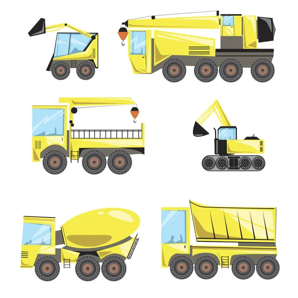 为设计而在白色底座上隔离的一组卡车，带有黄色挖掘机和桶、起重机、混凝土搅拌机的扁平矢量车辆图. — 图库矢量图片