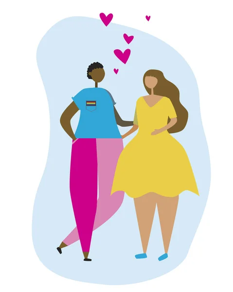 Un afroamericano lesbiana y chica europea y el amor aislado en un fondo blanco para el diseño como concepto contra la homofobia, un vector plano ilustración de stock con una pareja romántica y corazones de arco iris . — Archivo Imágenes Vectoriales