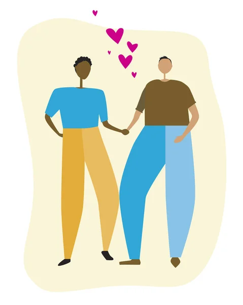 Homofobi ve Igbt toleransına karşı konsept olarak Afrikalı bir Amerikalı ve Avrupalı bir erkek ve erkek arkadaş ve gökkuşağı kalpleri, romantizm ve dizayn için birkaç eşcinseli temsil eden vektör yaralı hisse senedi çizimi