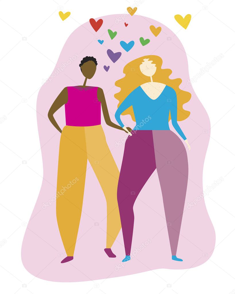 A african american lesbian and sandinavian girl friend isolated on white background for design as Against Homophobia concept, a flat vector stock illustration with romantic lgbt couple and love