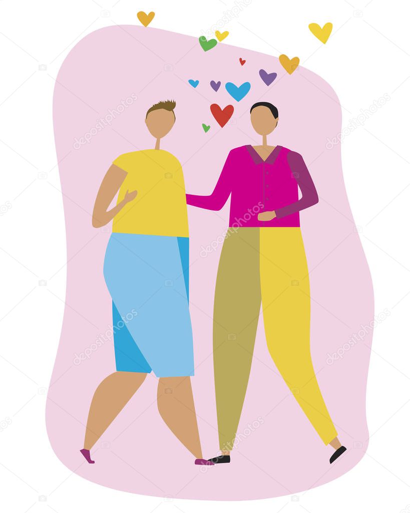 A adult gay men and love isolated on a white background for design, a flat vector stock illustration with romantic guys and LGBT people as Against Homophobia concept.