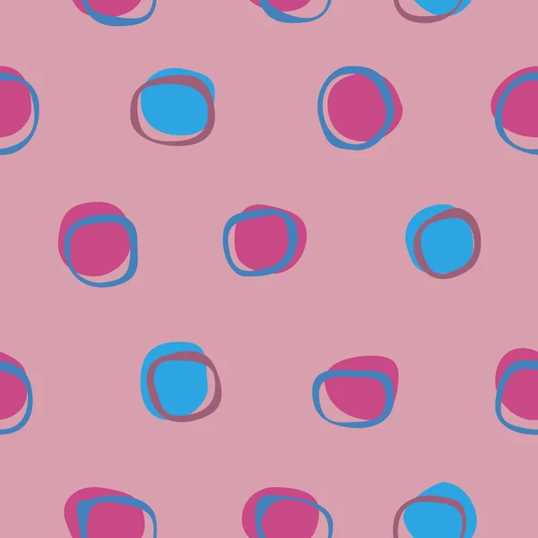 섬유에 인쇄하기 위한 핑크 색 배경에 추상적 인 두들 원 이있는 솔기없는 패턴, 아이들이나 아기들을 위한 무작위 90 가지 스타일의 주식 벡터 삽화. — 스톡 벡터