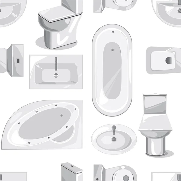 Случайный бесшовный рисунок с ванной, туалетом, раковиной на белом фоне для ванной или туалета, плоский векторный рисунок в виде обоев или фона для паутины с сантехникой для дизайна — стоковый вектор
