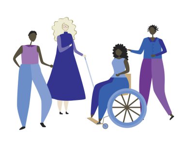 Tekerlekli sandalyedeki bir kadın ve engellilik kavramı olarak beyaz bastonlu kör bir albino, arkadaşlarıyla, Afro-Amerikan toplumuyla veya beyaz arka planda izole edilmiş insanlarla düz bir vektör stok çizimi