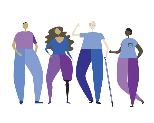Слепой альбинос в очках и белая трость и женщина с протезной ногой как концепция включения инвалидности, плоская векторная иллюстрация с друзьями, обществом или людьми и инклюзивностью
