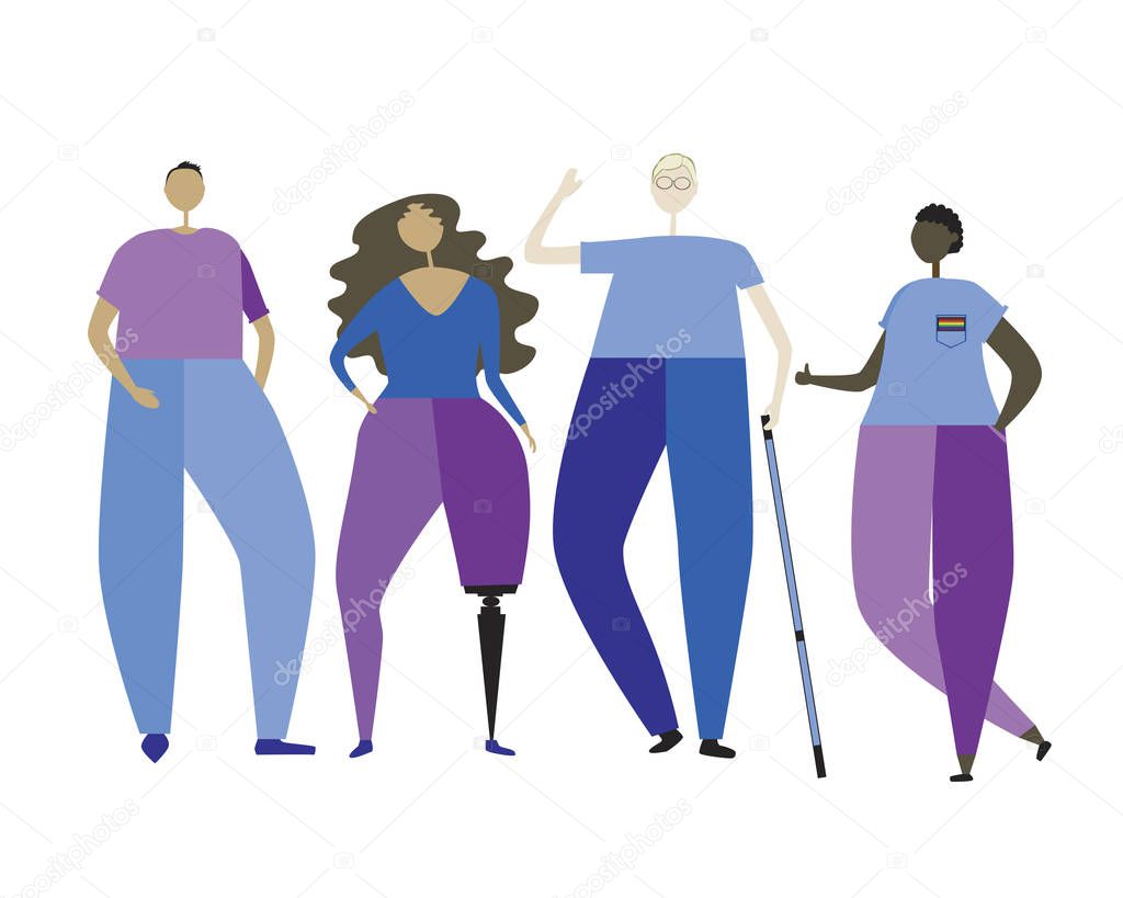 An blind-eyed albino with glasses and a white cane and a woman with a prosthetic leg as a concept of disability inclusion, a flat vector stock illustration with friends, society or people and inclusiveness