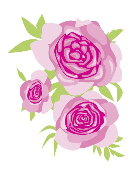 다시 보면, 페오니는 디자인이나 인쇄를 위한 흰색 배경에 고립되어 있습니다. 핑크 꽃잎이나 장미꽃, 그리고 초록 잎 이 있는 납작 한 벡터 얼룩 그림이죠. — 스톡 벡터