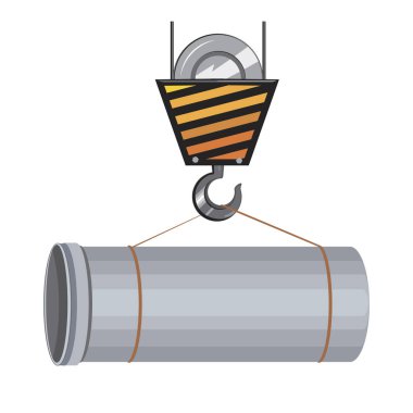 Bir boru vinç kancasıyla kaldırılır. Boru hattı inşaatı ile tek vektör stok çizimi. Düz atık su, kanalizasyon, altyapı ve iletişim kavramı