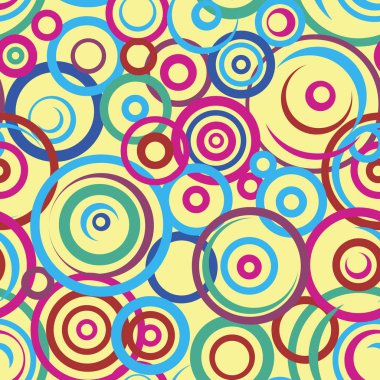 Sarı arka planda parlak renkli daireler olan kusursuz bir desen. Tekstil veya kumaş baskısı için klasik süslemeli neşeli, şirin, soyut vektör stok çizimi.