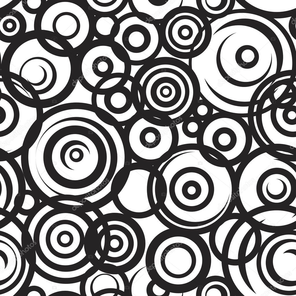 A seamless pattern with modern stylish black circles on a white background. A geometric vector stock illustration with abstract ornament with random shapes for printing on textile or paper.