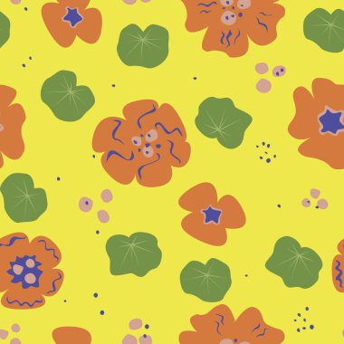 Kusursuz bir desen, sarı bir arka planda, nasturtium çiçekleri ve yaprakları var. Tekstil, kağıt veya kumaş üzerine baskı yapmak için karalama desenli çiçek doğa vektörü çizimi