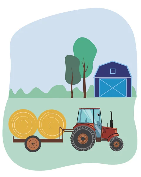 Tracteur Agricole Sur Une Ferme Transporte Foin Des Cultures Été — Image vectorielle