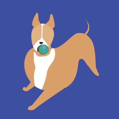 Boğa teriyeri ya da beyaz benekli bir köpek topla oynar. Basit karalama vektörü hisse senedi çizimi tasarım ve yazdırma için mavi bir arkaplan üzerinde izole