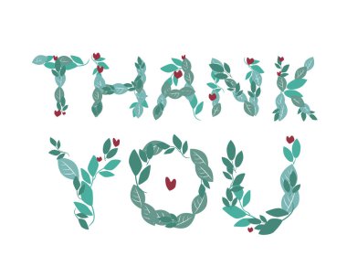 Teşekkür metni olan bir harf tasarım için beyaz bir arkaplanda izole edilir. Dükkan veya web tasarımı için harf ve alışılmadık yazı tipi içeren düz yapraklı vektör stok çizimi.