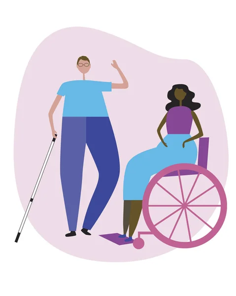 Gözlüklü, beyaz bastonlu kör bir adam ve tekerlekli sandalyedeki Afrikalı Amerikalı bir kadın kapsayıcılık ve arkadaşlık kavramı. Özürlü insanların olduğu düz vektör stok illüstrasyonu, kart veya kartı