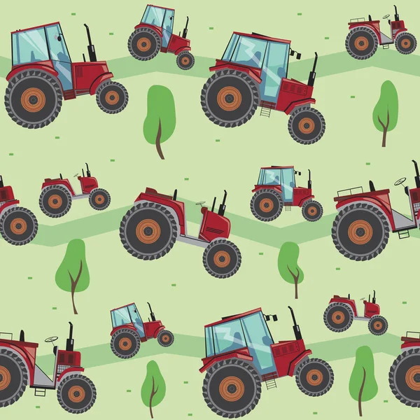 Seamless Pattern Red Tractor Field Green Trees Vector Stock Illustration — Stock Vector