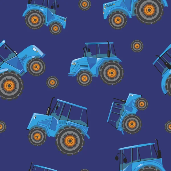 无缝图案 蓝色底座上有随机蓝色牵引机 用于设计和印刷 以儿童拖拉机或农场重型机械为质感的扁平可爱的病媒标本 — 图库矢量图片