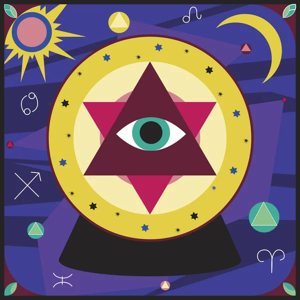 用神秘主义 邪恶的眼睛和玻璃球来说明神秘的鱼群向量 一个神秘的占星术和占卜与月亮和太阳在蓝色的背景下作为卡片 明信片 — 图库矢量图片