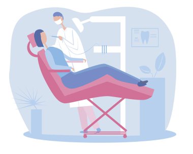 Bir dişçi ya da ortodontist ofiste dişleri ya da pulpitileri tedavi eder. Diş aracı, sandalye ve hasta ile düz vektör stok illüstrasyonu bir doktor tarafından tedavi için bir kavram olarak
