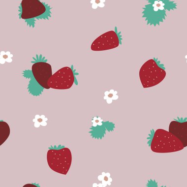 Tasarım ve baskı için pembe arka planda çilek ve cilt bakımı ile kusursuz desen. Tekstil dokusu olarak böğürtlen ve yeşil yapraklı basit karalama vektör illüstrasyonu