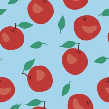 Kırmızı elmalı, meyveli ve yeşil yapraklı kusursuz desenli mavi arka plan ya da arka plan. Dekoratör ve tasarım için tekstil veya kağıt üzerine baskı yapmak için soyut vektör stok illüstrasyonu veya dokusu.