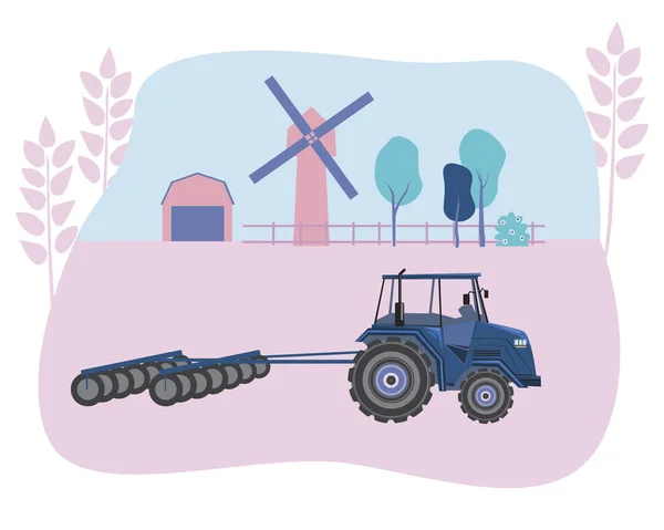 Tracteur Transforme Récolte Dans Champ Des Céréales Moulin Arrière Plan — Image vectorielle