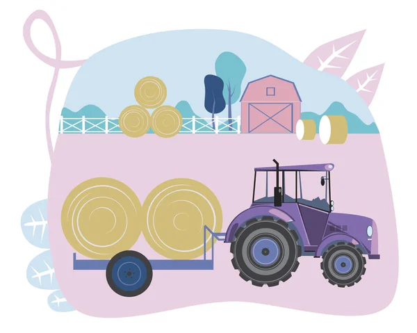 Tracteur Transporte Des Cultures Des Céréales Dans Une Ferme Illustration — Image vectorielle