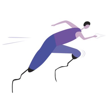 Özürlülerin spor anlayışı olarak arka planda izole edilmiş protez bacaklı bir koşucu. Genç veya yetişkin felç koşusu içeren düz vektör stok çizimi