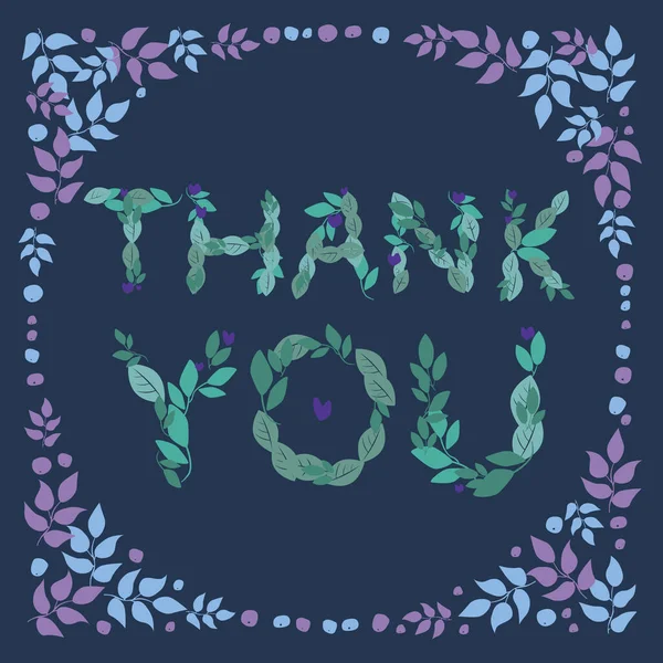 落書きテキストで手紙ソーシャルメディアのための正方形のフォーマットでありがとうございます 招待状や挨拶のような濃い青の背景に手描きの葉や心を持つベクトルストックイラスト — ストックベクタ