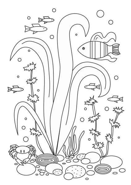 Yetişkinler ve çocuklar için beyaz arka planda izole edilmiş yosun, balık ve yengeçle boyama sayfası. Renklendirme ve yazdırma için ana hatlı ya da doğrusal A4 vektör stok çizimi.