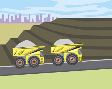 Taş ocağı ve çöpçü mineralleri hareket ettirir ve tankla kaçar. Endüstriyel manzaralı vektör stok çizimi ve kargoyla birlikte asfalt ve şehirde mühendislik kavramı olarak seyahat eden kamyonlar.
