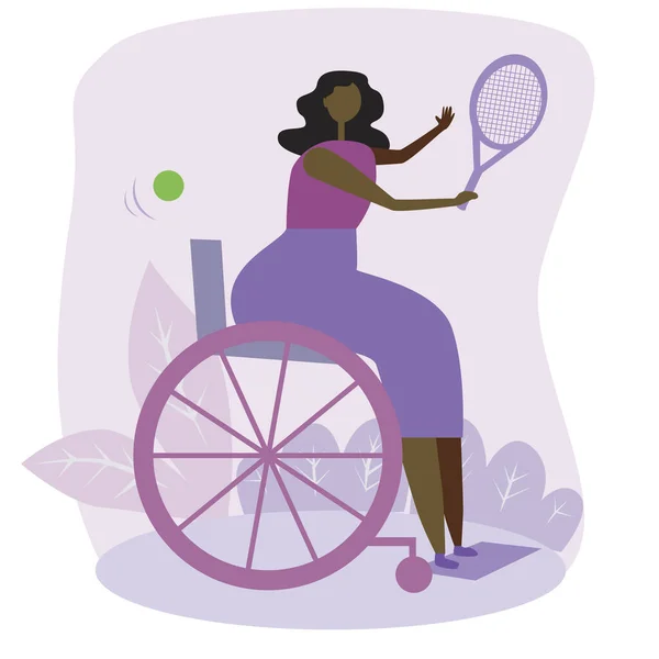 一个网球选手或非洲裔美国女人 带着网球拍和轮椅上的球在比赛 以轮椅残疾人作为幸福和包容概念的斯堪的纳维亚病媒群图解 — 图库矢量图片