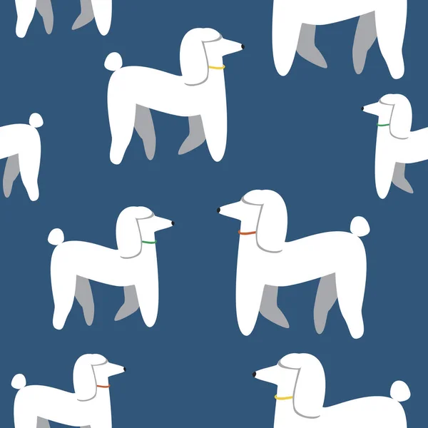 スタイリッシュで可能なプリントのための襟に白いプードルとシームレスなパターン生地 繊維や服 フラットベクトルストックイラストともにランダムなスカンジナビア文字犬上の青の背景 — ストックベクタ