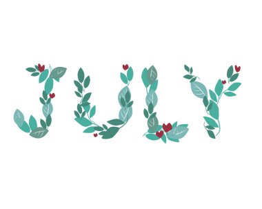Tasarım için beyaz bir arkaplanda izole edilmiş Mermi Günlüğü ya da günlüğün dekoru için Jule sözcüğünün etiketi olan bir metin. Temmuz ayı için yapraklı yazı tipli bir vektör stoku çizimi.