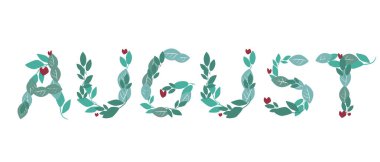Tasarım için beyaz bir arkaplanda izole edilmiş kurşun günlük ya da günlüğün dekoru için Ağustos kelimesi etiketi olarak kullanılan bir metin. Ağustos ayı için yapraklı yazı tipi ile bir vektör stoku illüstrasyonu.