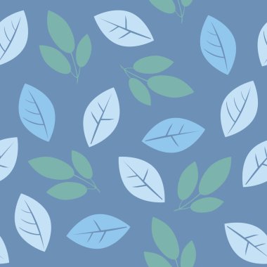 Pastel renklerde mavi bir arka planda yaprakları ya da bitkileri olan kusursuz bir desen. Tekstil veya kumaş baskısı için çiçek desenli düz silüet stok vektör çizimi
