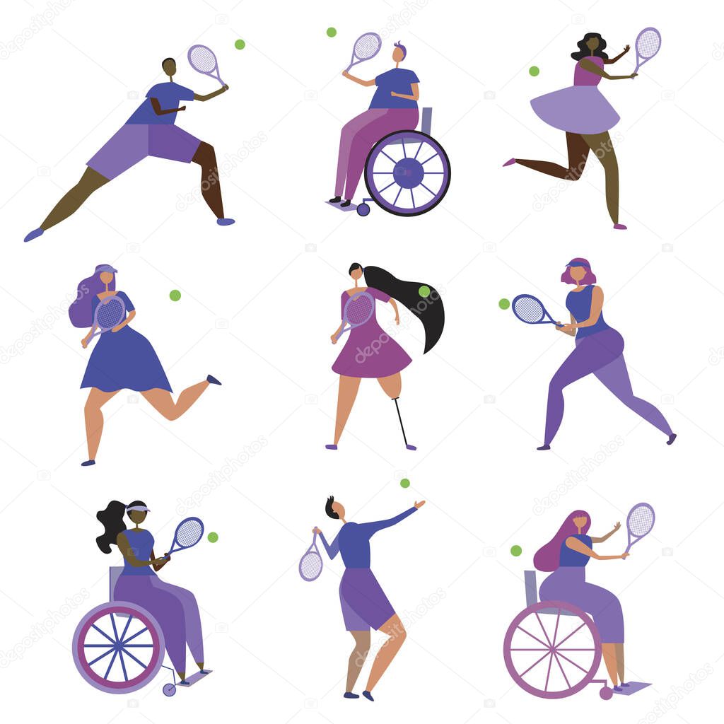Wheelchair and healthy tennis players isolated on white background as a concept of competition and inclusiveness. Set of scandinavian flat vector illustrations with people and sport